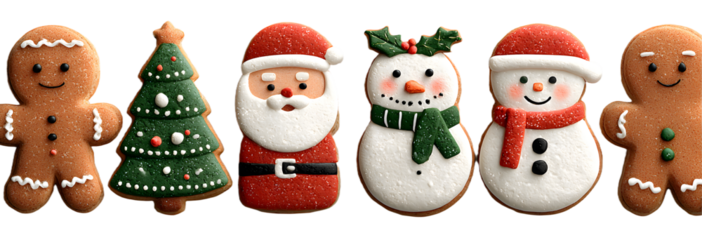 Xmas Gingerbread cookies. Christmas Classic biscuit. Cute ginger bread men, tree, santa, holly, snowman and gift box. Noel holiday sweet dessert isolated on white background. Vector illustration.