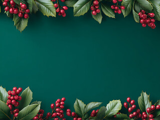 Festive Christmas background with holly leaves, red berries, and sparkling stars on a green surface. Decorative holiday design for greeting cards, posters, and seasonal celebration themes.