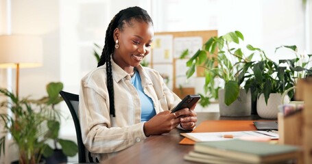 Business, phone and typing with black woman in plant nursery for social media or text message...