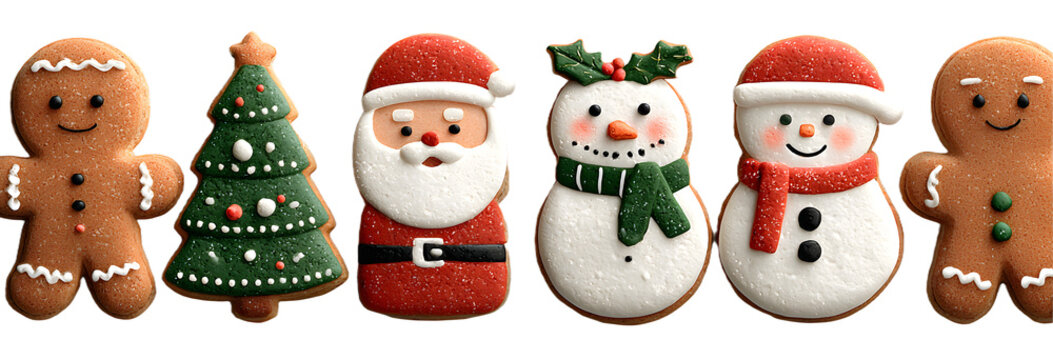 Xmas Gingerbread cookies. Christmas Classic biscuit. Cute ginger bread men, tree, santa, holly, snowman and gift box. Noel holiday sweet dessert isolated on white background. Vector illustration.