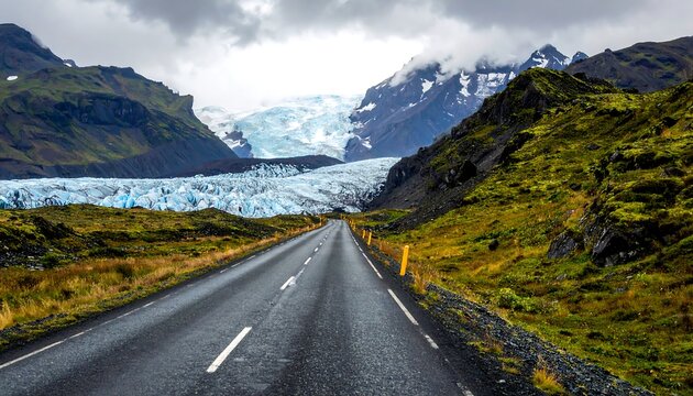 A scenic road winding through a mountainous landscape, towards a glacier