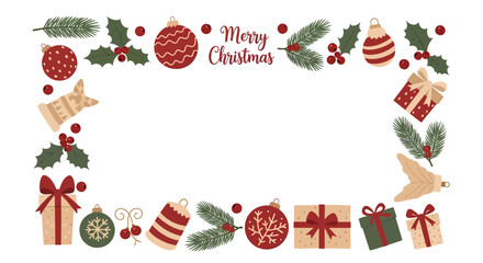 Spread holiday cheer with this festive Christmas frame, adorned with gifts and ornaments. Perfect for invitations, greetings, and more. Capture the joy and warmth!