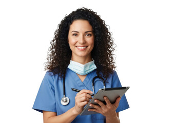 Portrait of a happy nurse in scrubs with tablet and stethoscope