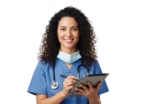 Portrait of a happy nurse in scrubs with tablet and stethoscope