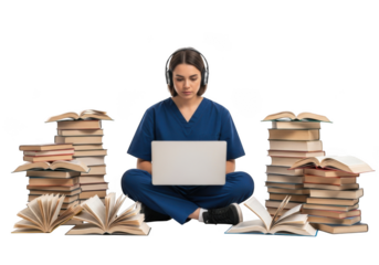 Focused medical student studies with laptop, surrounded by many books.