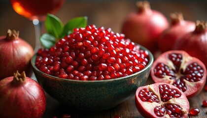 A decorative bowl overflows with vibrant red pomegranate seeds. Whole fruits and halved pomegranates surround it on a rustic wooden surface. A glass of red juice sits nearby.