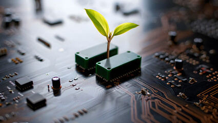 Green sprout thriving on a complex circuit board, symbolizing the synergy between nature and technology, sustainable innovation, and the future of environmentally friendly electronics