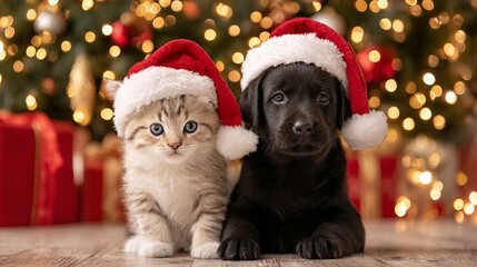Cute kitten and puppy in Santa hats sitting in snow with green and gold Christmas ornaments and warm festive bokeh lights cozy winter holiday pet portrait