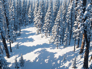 Snow-Covered Conifer Forest from Above with Long Winter Shadows