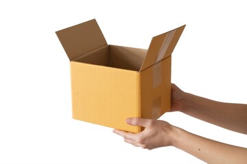 Open cardboard box package delivery shipping moving hands holding container isolated white background