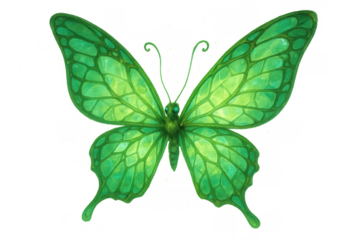 Green tropical butterfly with patterned wings flying, nature insect illustration, watercolor painting, transparent background