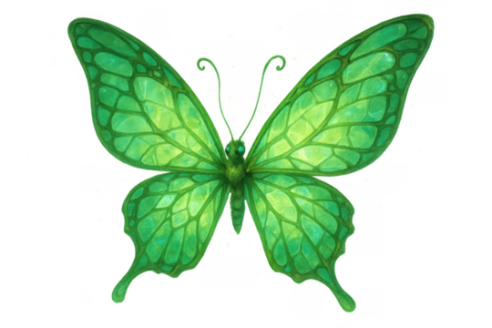 Green tropical butterfly with patterned wings flying, nature insect illustration, watercolor painting, transparent background