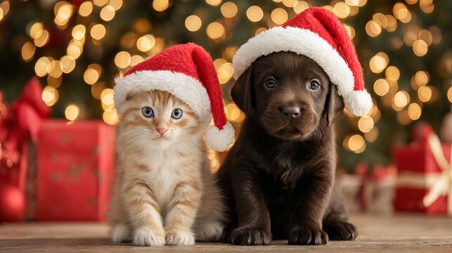 Cute kitten and puppy in Santa hats sitting in snow with green and gold Christmas ornaments and warm festive bokeh lights cozy winter holiday pet portrait