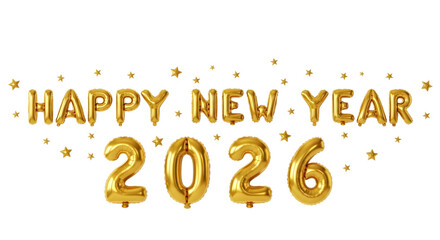 Golden happy new year 2026 balloons with sparkling stars on a black background