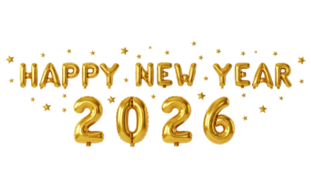 Golden happy new year 2026 balloons with sparkling stars on a black background