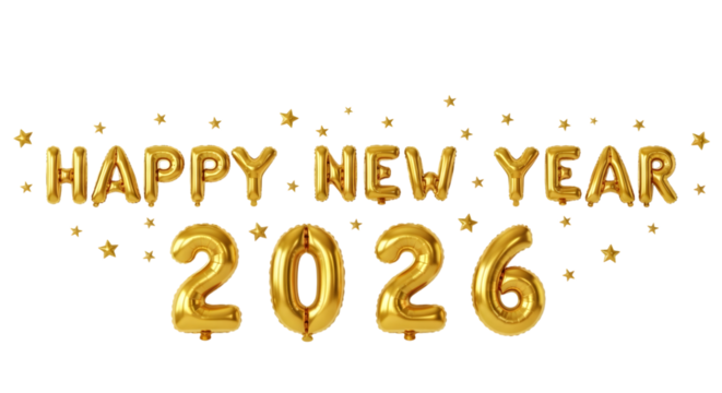 Golden happy new year 2026 balloons with sparkling stars on a black background