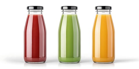 Fototapeta premium Colorful healthy fruit and vegetable juice drinks in glass bottles on white background.