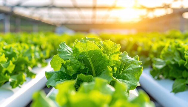 Lush Lettuce in Hydroponic Farm with Healthy Greens, Sunlight, Sustainable Food, and Agriculture. - Powered by Adobe