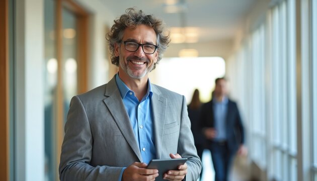 Smiling middle aged man in suit holds tablet computer in office hallway. He wears glasses, has curly hair. People walk behind him in blurred background.