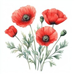 Obraz premium Vibrant poppy flowers with green leaves, isolate on white background.