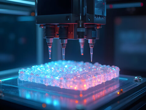 Photorealistic AI-controlled 3D bioprinter creating human tissue with holographic molecular visualization, precision printing nozzles, and real-time quality monitoring systems