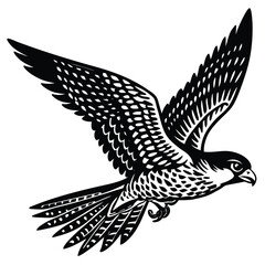 Illustration of black silhouette falcon flying with open wings in the air