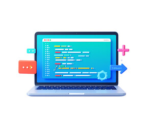 3D Computer laptop pc and programing code development popup icon. Web coding concept. (3)