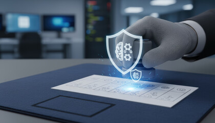 Data foundation quality. ai transformation business secure stamp document with digital shield and brain icon expressing trust and innovation