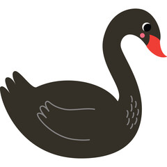 Cute cartoon black swan with orange beak and pink cheeks on a transparent background simple illustration for children