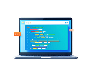 _3D Computer laptop pc and programing code development popup icon. Web coding concept.