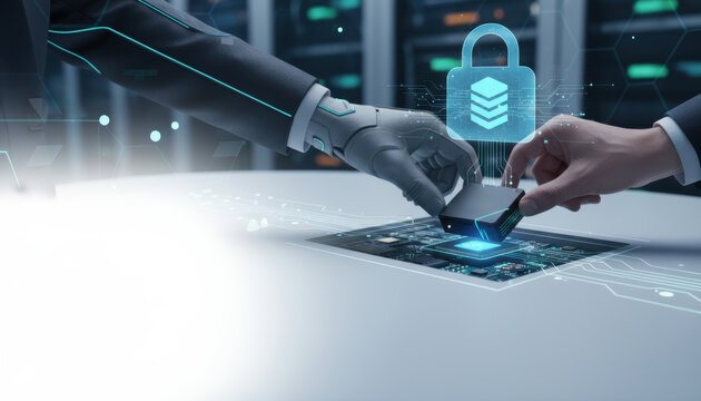 Data foundation quality. ai transformation business secure server chip hand robotic hand collaborating to protect digital infrastructure with