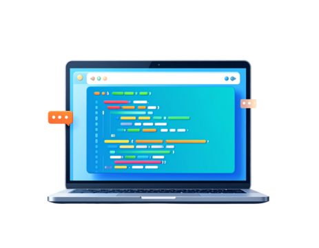 _3D Computer laptop pc and programing code development popup icon. Web coding concept.