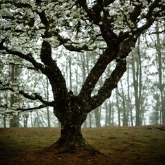 Fototapeta premium Blossoming tree in a misty forest during springtime Generative AI