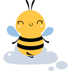 Cute cartoon bee character with black stripes and blue wings sitting on a fluffy cloud with a smiling face and closed eyes on a transparent background
