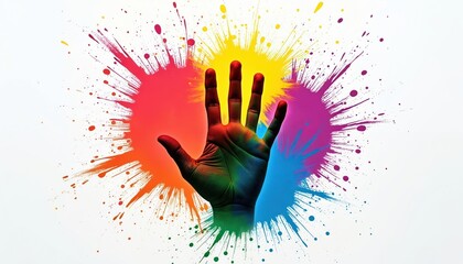 Hand covered in colorful powder paint splashes. Celebrating Indian Holi festival of colors with vibrant paint bursts. Joyous abstract artwork for festive designs.