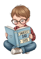 Little boy in glasses reading "smartest dad ever" book happily