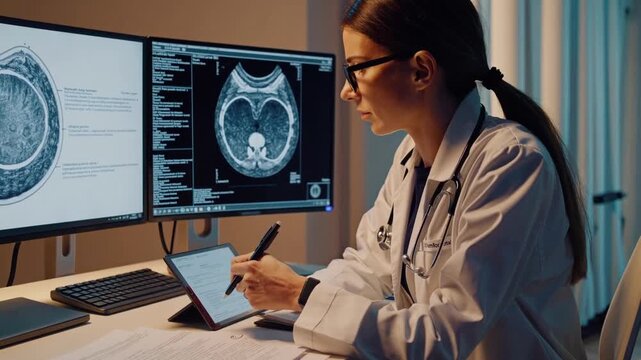 Neurologist reviewing brain MRI on dual monitors at dim workstation, taking handwritten notes on tablet, concentrated atmosphere of study and clinical research with advanced imaging software