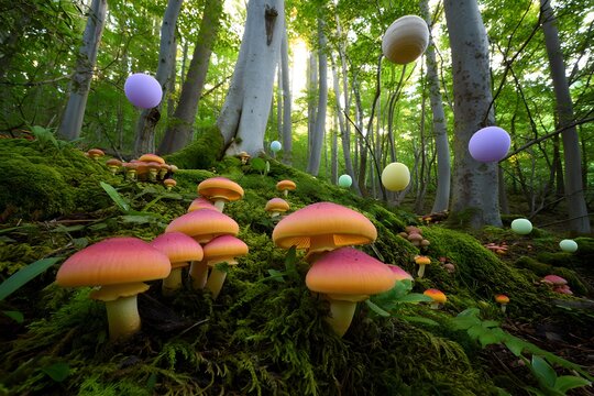 Whimsical forest scene with mushrooms and floating orbs creating a magical ambiance