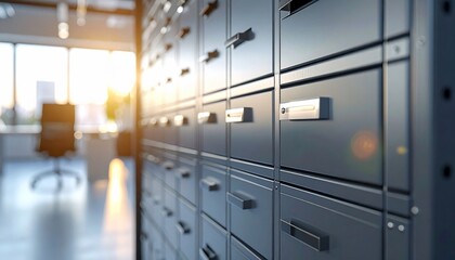 Modern Office Filing Cabinet Row with Bright Sunny Interior, and Business  Storage Concept.