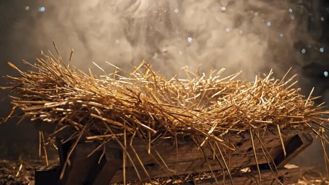 Nativity manger at night under fog with straw peaceful holy birth cinematic scene