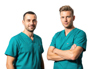 Two professional male doctors in teal scrubs confidently smiling