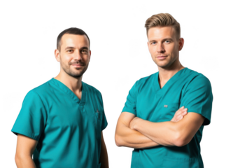 Two professional male doctors in teal scrubs confidently smiling