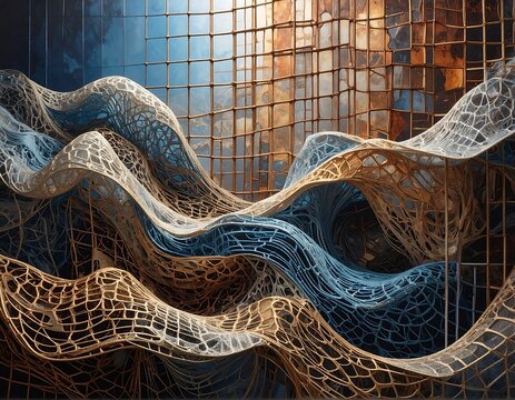 Abstract artwork features flowing, interwoven forms in blue, beige, and gold against a textured background - Powered by Adobe