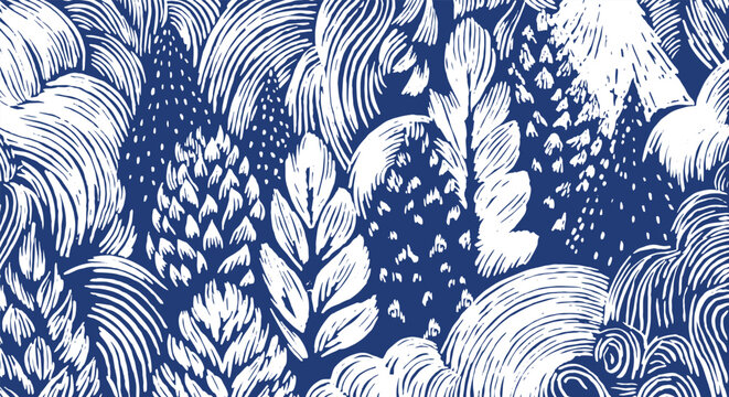 Dense, botanical pattern featuring hand drawn foliage and stylized pine shapes with expressive woodcut lines. Bold white silhouettes on a deep indigo background create a high-contrast nature design.