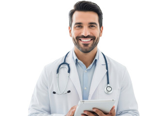Happy doctor holding a tablet, medical professional with smile