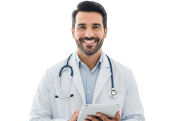 Happy doctor holding a tablet, medical professional with smile