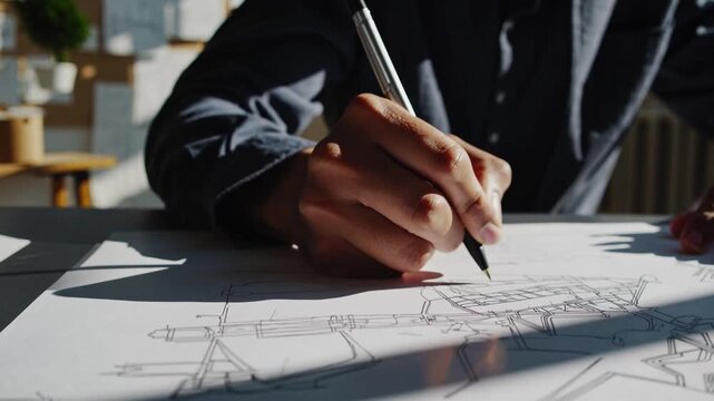 Professional architect sketching comprehensive construction blueprints, Design specialist meticulously creates precise architectural sketches with shadows and measurements for development