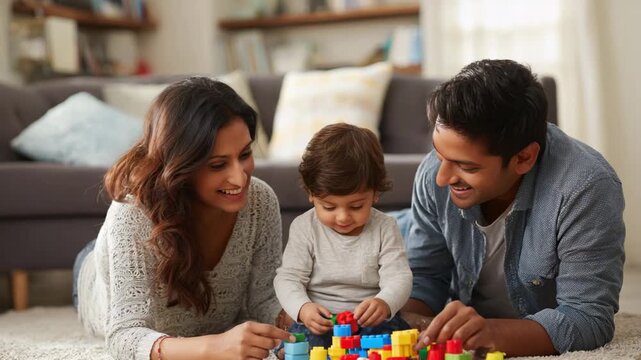 Happy Indian Family with Toddler Son Playing with Building Blocks at Home