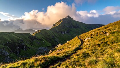 A winding dirt path ascends a vibrant, grassy slope towards a majestic, jagged mountain peak, bathed in golden sunlight