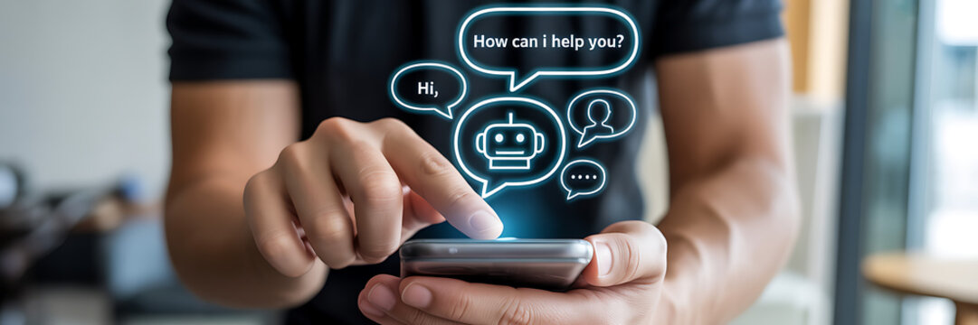 Close up of a man using his smartphone to interact with a chatbot, receiving assistance and support through virtual assistant technology - Powered by Adobe